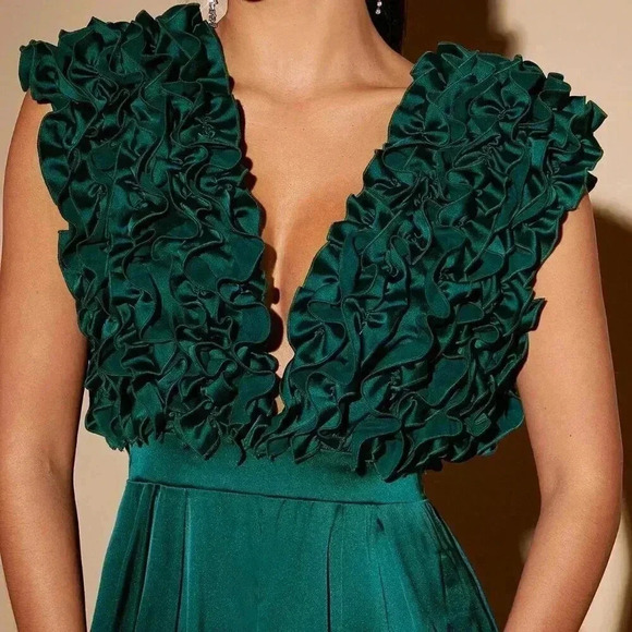 Green Party Women's Plunging Neck Ruffle Wide Leg Jumpsuit - Picture 6 of 6